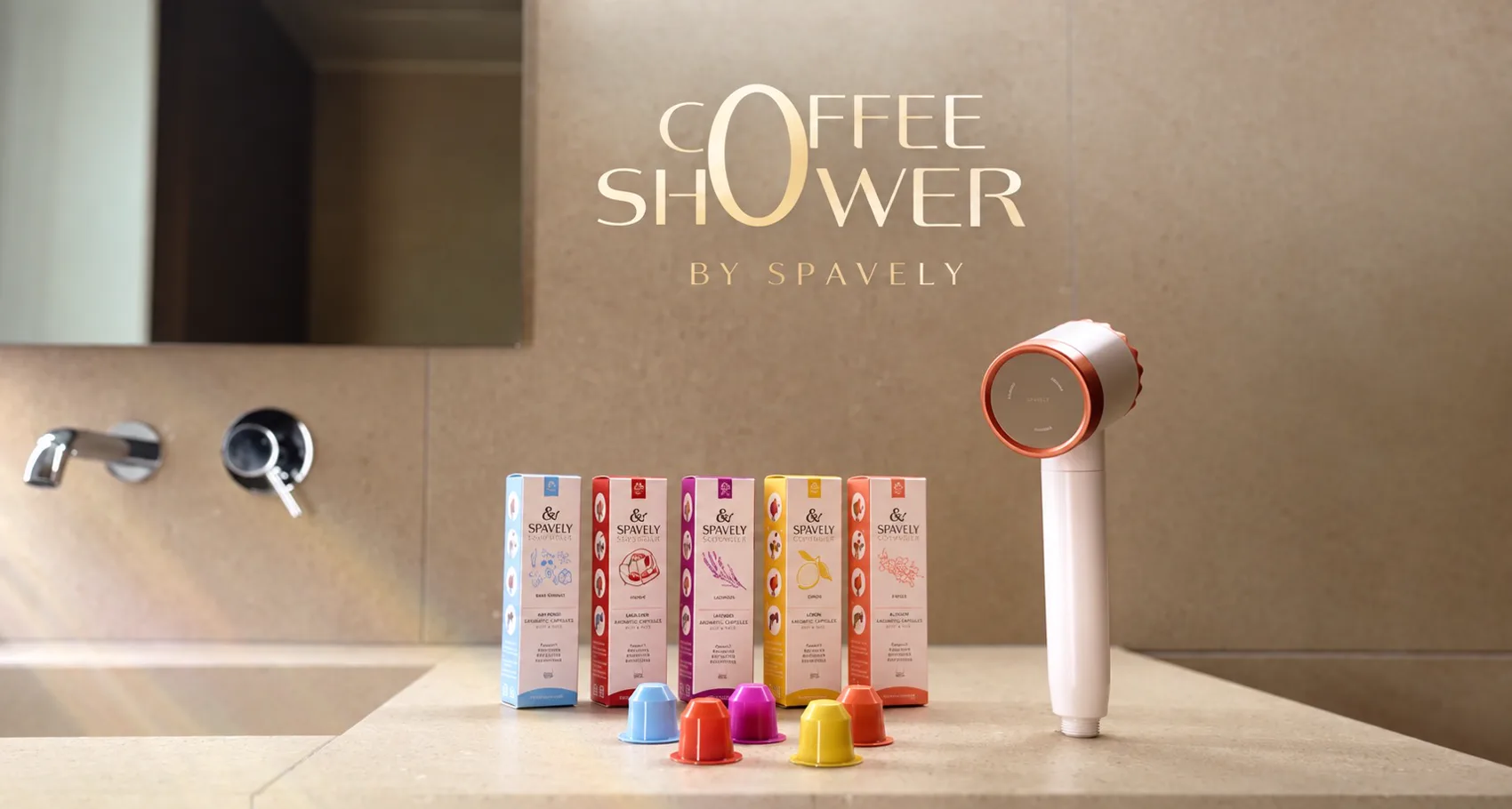Le pommeau Coffee Shower et ses capsules dans une salle de bain en pierre